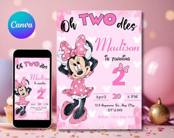 Editable Oh TWOdles Birthday Invitation Digital 2nd Birthday Cute Mouse Second Birthday Invite Oh Twodles Invitiation Boho Minnie Invite