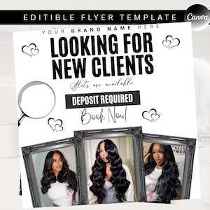 Puede incluir: Una plantilla de folleto en blanco y negro con el texto "LOOKING FOR NEW CLIENTS" y "DEPOSIT REQUIRED". El folleto incluye tres retratos enmarcados de mujeres con cabello largo y oscuro. Las palabras "Book Now!" también son visibles.