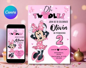 Editable Oh TWOdles Birthday Invitation Digital 2nd Birthday Cute Mouse Second Birthday Invite Oh Twodles Invitation Boho Minnie Invite