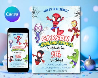 Editable Watercolor Spidey and his Amazing Friends Birthday Party Invitation | Superhero Birthday Invite Canva Template | Instant Download