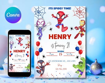 Editable Watercolor Spidey And His Amazing Friends Birthday Party Invitation | Superhero Template Printable | Kids Invite | Instant Download