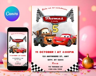 Cars McQueen Invitation | Lightning Mcqueen Birthday Invitation | Cars Birthday Invitation | McQueen Mater Invitation