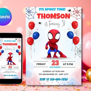 May include: A birthday party invitation featuring a Spiderman theme. The invitation includes the text "It's Spidey Time! Thomson is turning 31" with a Spiderman figure, balloons, and spiderwebs. The date is December 23rd at 5 PM.
