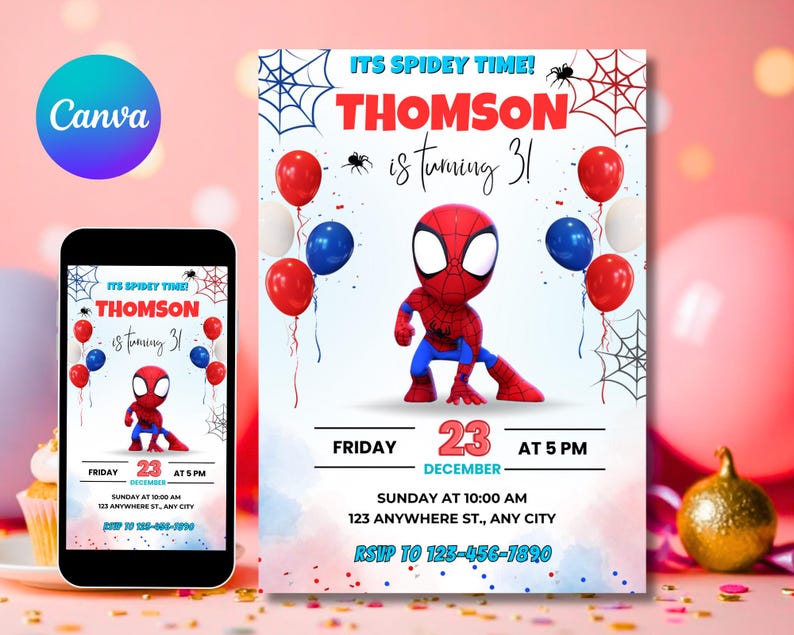 May include: A birthday party invitation featuring a Spiderman theme. The invitation includes the text "It's Spidey Time! Thomson is turning 31" with a Spiderman figure, balloons, and spiderwebs. The date is December 23rd at 5 PM.