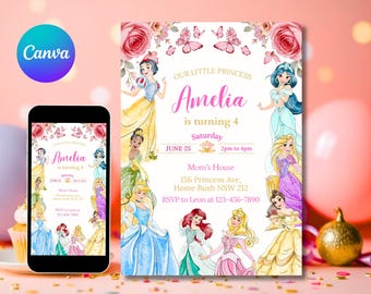 Princess Birthday Invitation Princess Invitation Princess Party Invitation Girl Princess Invitations Gold Pink EDITABLE Instant Digital