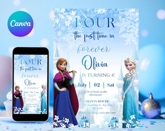 Frozen Four The First Time In Forever verjaardagsuitnodiging Frozen 4e verjaardagsuitnodiging Kids Fourth Party Invite Elsa Anna thema BEWERKBAAR