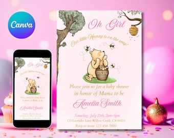 Editable Winnie The Pooh Baby Shower Invitation, Digital Invitation Its a Girl, Pink Winnie The Pooh Invitation, Pooh Printable Template