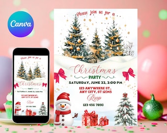 May include: A Christmas party invitation with a festive design. The invitation features watercolor illustrations of Christmas trees, snow, and a snowman. The text reads "Christmas Party" with date, time, and RSVP information. A smartphone displays the same invitation.