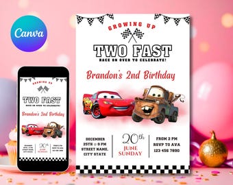 Cars Birthday Party Invitation, Lightning Mcqueen Birthday, Cars Party Invite, Second Birthday Party Invitation, Two Fast, 2, Tow Mater Cars
