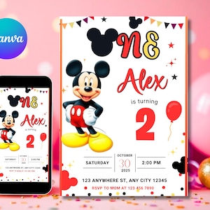 Editable Mickey Mouse Birthday Invitation, Printable Invitation Mickey, 1st birthday Micky Invite, Birthday Boy Invitation 1st, Mickey Mouse