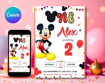 Editable Mickey Mouse Birthday Invitation, Printable Invitation Mickey, 1st birthday Micky Invite, Birthday Boy Invitation 1st, Mickey Mouse