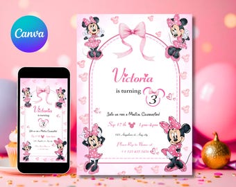 Editable Pink Minnie Mouse Birthday Invitation, Watercolor Girls ...