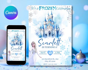 Frozen Invitation, Elsa Birthday Invitation, Winter Snow Birthday Printable, Frozen Anna Olaf Invite Digital Editable Instant Canva Template