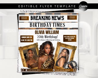 Newspaper Birthday Invitation, Leopard Print Glam Party Evite, Editable Social Media Flyer Template, Digital Birthday Dinner Invite