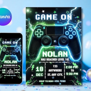 Video Game Party Invitation, Green Gamer Birthday Invitation, Level Up Birthday Invitation, Gamer Boy Template, Editable Canva Template