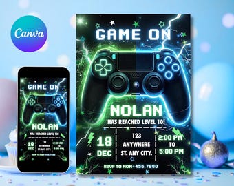 Invitación para fiesta de videojuegos, invitación de cumpleaños para gamer, invitación de cumpleaños para subir de nivel, plantilla para gamer, plantilla editable de Canva