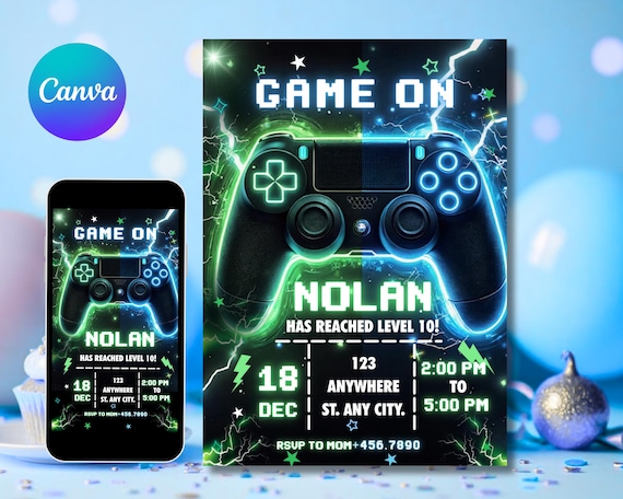 Video Game Party Invitation, Green Gamer Birthday Invitation, Level Up Birthday Invitation, Gamer Boy Template, Editable Canva Template