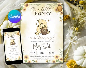 Classic Winnie the Pooh Baby Shower Invitation, Winnie The Pooh Gender Neutral Baby Shower Invitation, Boho, Floral, Pooh Baby Shower Invite