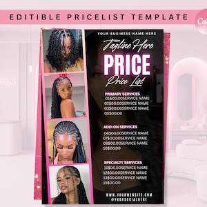 May include: A pink and black editable price list template with the text "EDITIBLE PRICELIST TEMPLATE" at the top. The price list includes a photo of a woman with braids and the text "PRICE Price List". The template also includes a website address.