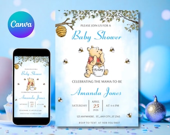 Editable Winnie The Pooh Baby Shower Invitation, Winnie Pooh Invitation, Oh Boy Pooh Invite, Blue Pooh Printable Template Digital Download