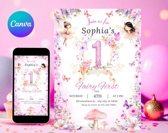 Fairy First Birthday Invitation Girl, Fairy 1st Birthday Invite, Girl 1st Birthday Invitation,Garden Fairy Birthday, Editable Canva Template