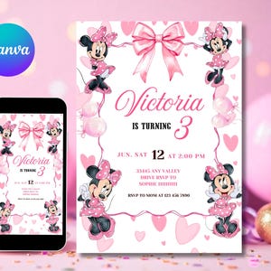 May include: A pink birthday invitation with Minnie Mouse illustrations, balloons, and hearts. The invitation says "Victoria is turning 3" with event details. A smartphone shows the same design. The Canva logo is visible.
