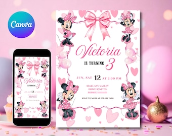 Editable Pink Minnie Mouse Birthday Invitation, Watercolor Girls Birthday Invitation, Printable Invitation, Pink Minnie Invitation, Canva