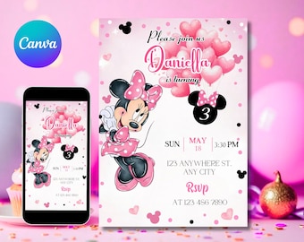 Editable Minnie Mouse Birthday Invitation, Minnie Mouse Birthday, 1st Birthday, Mouse Birthday Invite, Girls minnie invitations