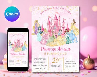 Watercolor Royal Princess Magical Birthday Party Invite, Editable Digital Template, Instant Download, Girl's Birthday Party Invite, Canva