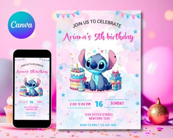 Modello modificabile per invito alla festa di compleanno a tema Stitch, invito di compleanno a tema cartone animato, invito alla festa di compleanno in piscina a tema Stitch, invito di compleanno a tema Stitch
