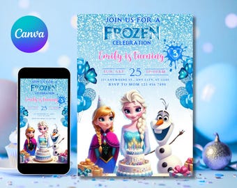Frozen Birthday Invitation, Elsa Winter Party Editable Canva Template