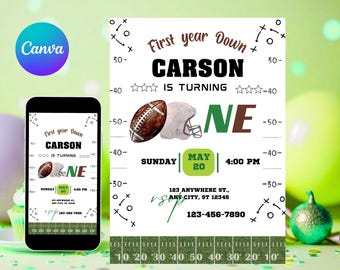 Editable Football Birthday Invitation, First Birthday Invite, Football Birthday, First Year Down, Boy 1st Birthday, Game Om, Canva Template