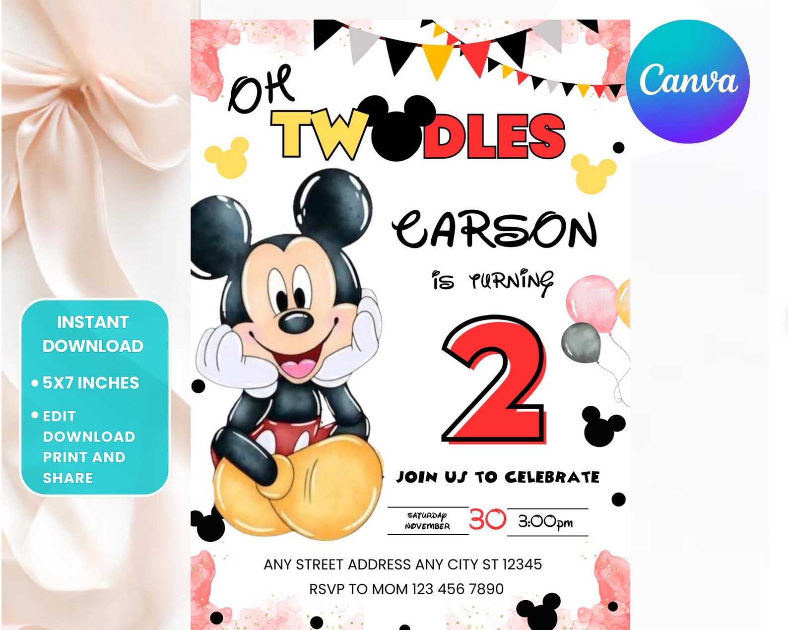 Oh Twodles Invitation, Mickey Birthday Invitation, Mickey Mouse