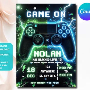 May include: A digital invitation with a black background and a neon green and blue color scheme. The design features a game controller, the words "GAME ON," and event details. The invitation is 5x7 inches.