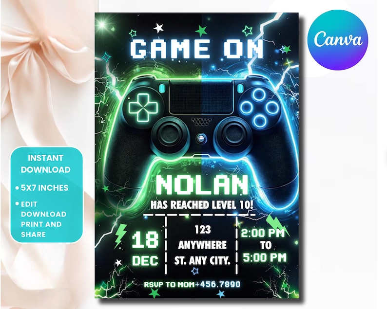 May include: A digital invitation with a black background and a neon green and blue color scheme. The design features a game controller, the words "GAME ON," and event details. The invitation is 5x7 inches.