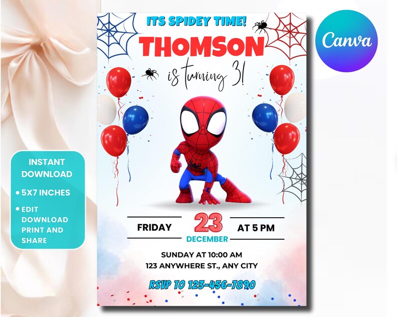 May include: A birthday party invitation featuring a cartoon Spider-Man figure. The invitation includes the text "It's Spidey Time!" and "Thomson is turning 3!" with details for the party on December 23rd at 5 PM. The invitation is 5x7 inches.