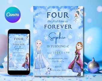 Frozen Four The First Time In Forever Birthday Invitation Frozen 4th Birthday Invitation Kids Fourth Party Elsa Anna Theme Invite EDITABLE