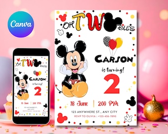Oh Twodles Einladung, Mickey Geburtstagseinladung, Mickey Mouse Einladungen, Maus bearbeitbare Einladung, Mickey Twodles einladen, OhTwodles
