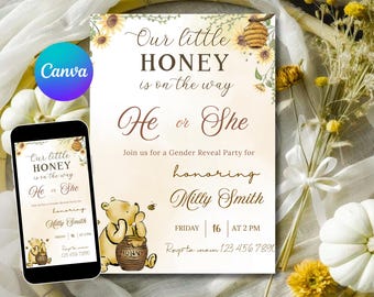 Invitations vintage classiques modifiables « A Little Hunny is on the Way » de Winnie l'ourson pour baby shower. Bébé neutre entre les sexes