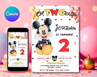 Oh Twodles Einladung, Mickey Geburtstagseinladung, Mickey Mouse Einladungen, Maus bearbeitbare Einladung, Mickey Twodles einladen, Canva