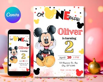 Editable Mickey Mouse Birthday Invitation, Printable Invitation Mickey, 1st birthday Micky Invite, Birthday Boy Invitation 1st, Mickey Mouse