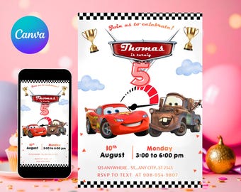 Cars Birthday Party Invitation, Lightning Mcqueen Birthday, Cars Party Invite, Second Birthday Party Invitation, Two Fast, 2, Tow Mater Cars