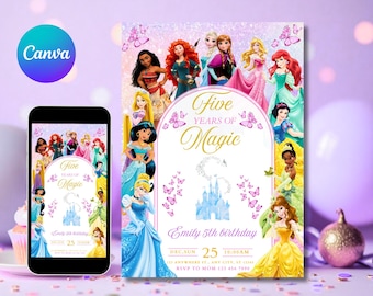 Editable Princess Invitation, Royal Princess 5th Birthday Invite, Girl Princess Theme 5th Birthday, Princess Party Invite Digital Download