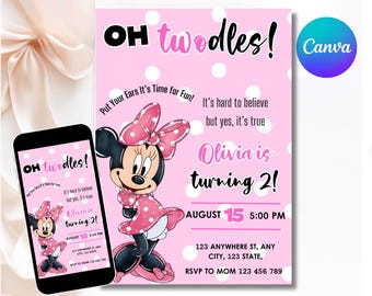 Invitación de cumpleaños de Oh TWOdles: Minnie Mouse bohemia, invitación digital editable