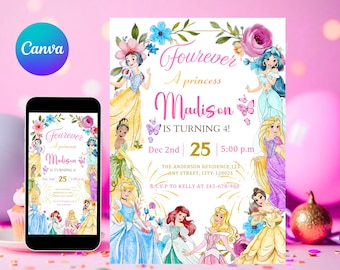 フォーエバープリンセスの誕生日招待状 フォーエバープリンセスの招待状 4歳の誕生日招待状 プリンセスパーティー ロイヤルテーマ 水彩画 編集可能