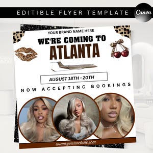 Könnte beinhalten: Eine bearbeitbare Flyer-Vorlage mit dem Text "WE'RE COMING TO ATLANTA", "AUGUST 18TH - 20TH" und "NOW ACCEPTING BOOKINGS". Das Design enthält eine braune Flugzeuggrafik, Lippen mit Leopardenmuster, Kirschen und drei kreisförmige Fotorahmen.