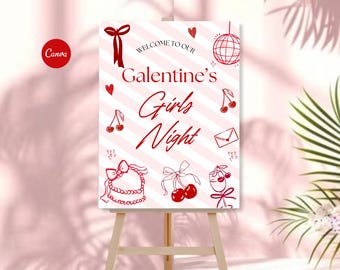 Galentines Day Welcome Sign Valentines Party Poster Friends Valentine Signage Galentine Party Decor Girls Night Editable Canva Template