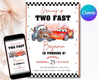 Cars Birthday Party Invitation, Lightning Mcqueen Birthday, Cars Party Invite, Second Birthday Party Invitation, Two Fast, 2, Canva Editable