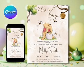 Editable Winnie the Pooh Baby Shower Invitation, Digital Invitation Oh Boy, Winnie The Pooh Invitation, Pooh Printable Template, Baby Shower