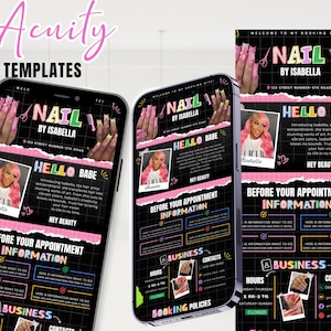 Pode incluir: Anúncio Acuity Templates para Nail by Isabella, exibido em três smartphones. O design apresenta elementos rosa e preto, com imagens de unhas feitas e uma mulher com cabelo rosa. O texto inclui "Hello Babe" e informações de reserva.